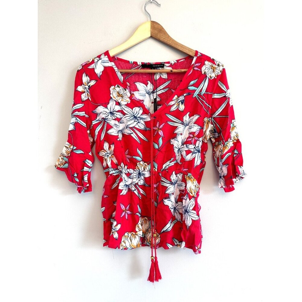 HARVE BENARD Women's Floral Boho Short Sleeve Cinched Top Size SMALL NWT $60